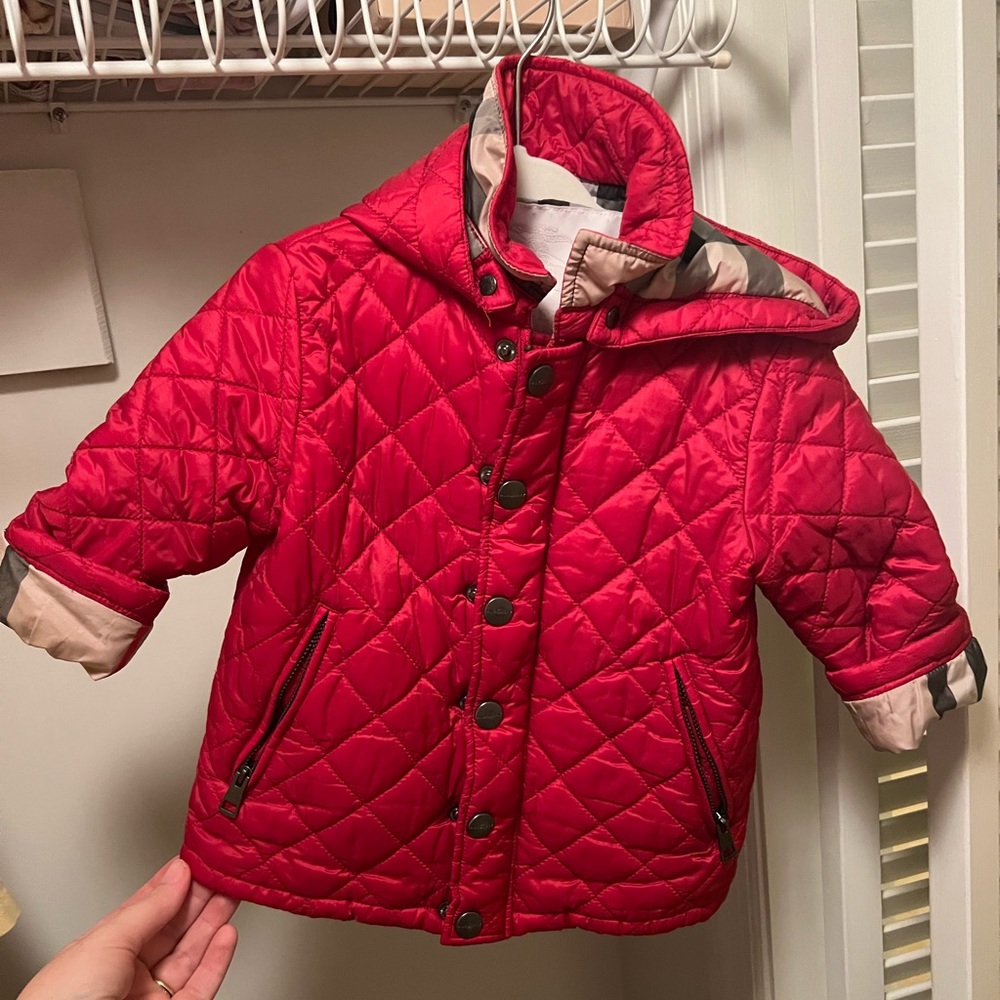 Burberry red quilted hooded coat 12m
